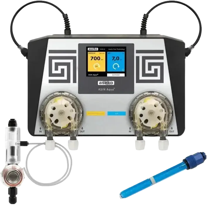 Schwarz-silbernes Aseko Asin Aqua Wasseraufbereitungssystem mit pH-Anzeige und Pumpen
